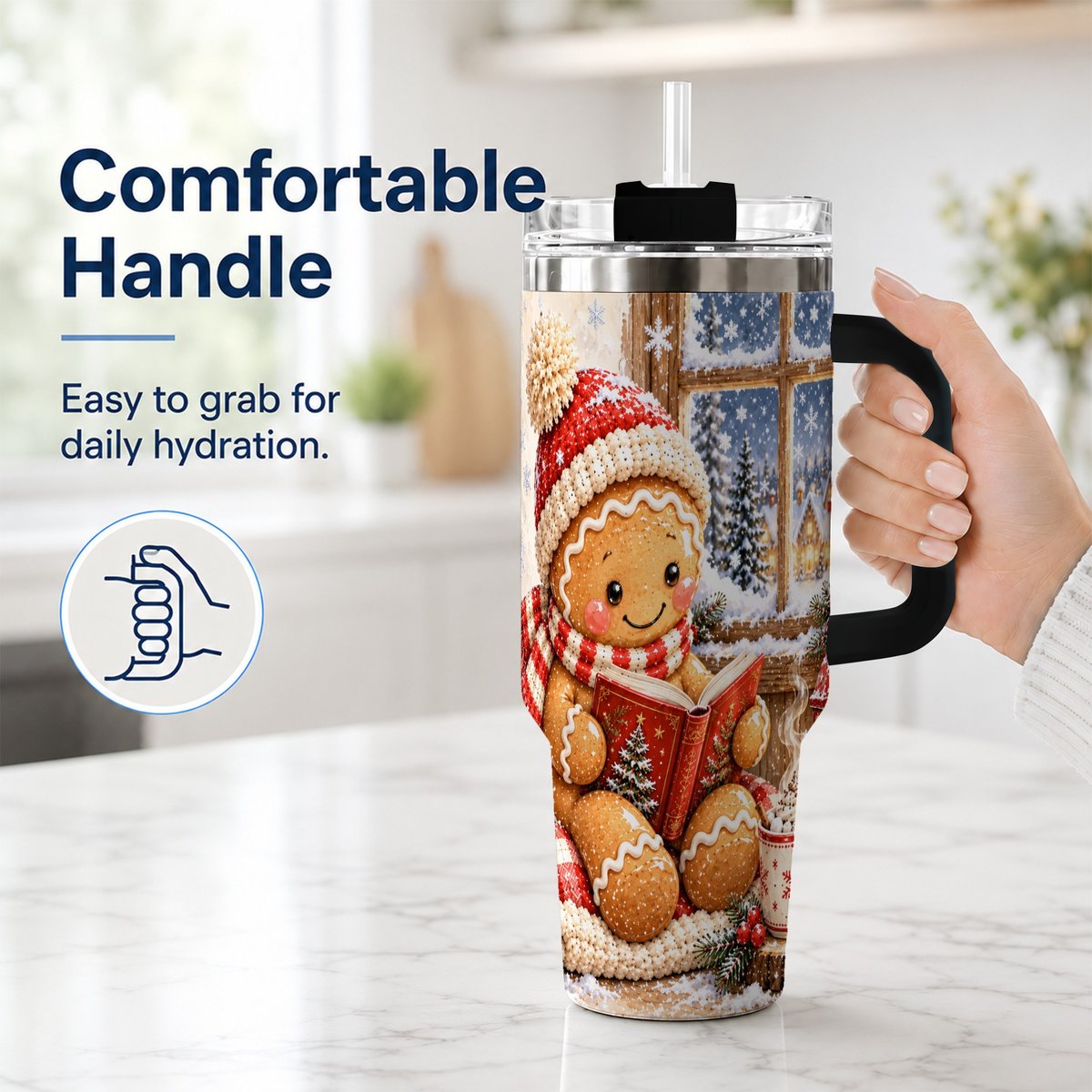 #pl[40oz|Black] Reading Gingerbread 40oz Tumbler with Handle, Christmas Travel Cup, Books