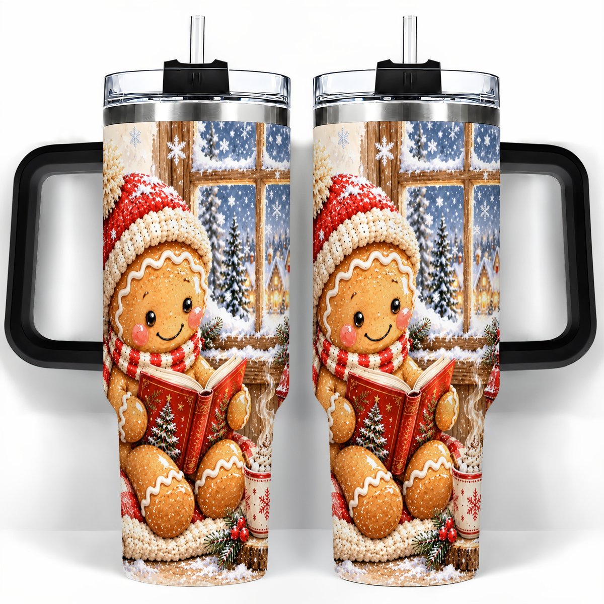 #pl[40oz|Black] Reading Gingerbread 40oz Tumbler with Handle, Christmas Travel Cup, Books