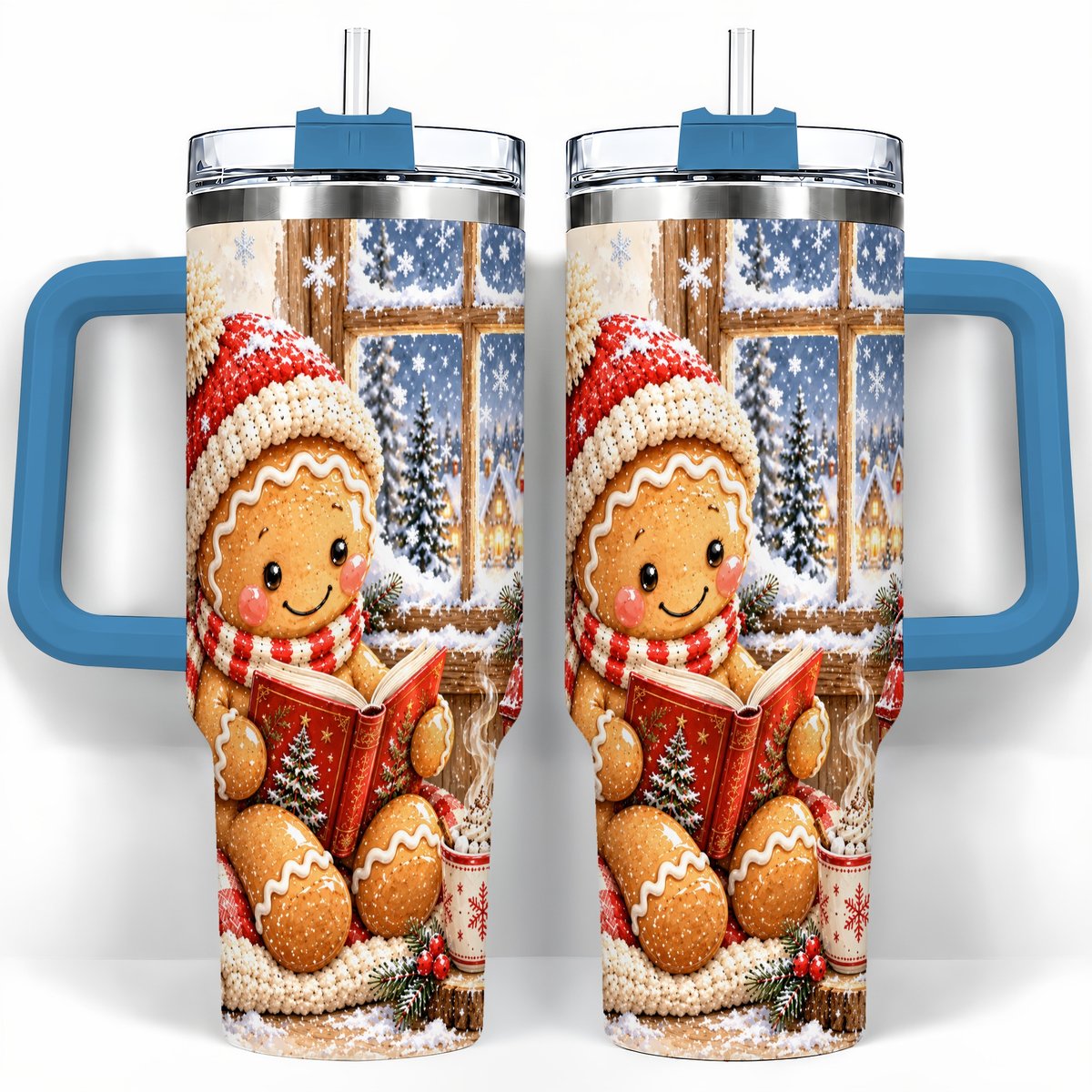 #pl[40oz|Blue] Reading Gingerbread 40oz Tumbler with Handle, Christmas Travel Cup, Books