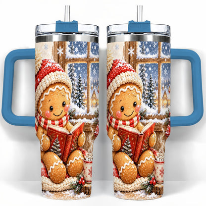 #pl[40oz|Blue] Reading Gingerbread 40oz Tumbler with Handle, Christmas Travel Cup, Books