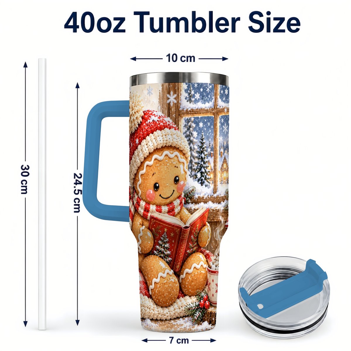 #pl[40oz|Blue] Reading Gingerbread 40oz Tumbler with Handle, Christmas Travel Cup, Books
