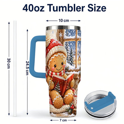 #pl[40oz|Blue] Reading Gingerbread 40oz Tumbler with Handle, Christmas Travel Cup, Books
