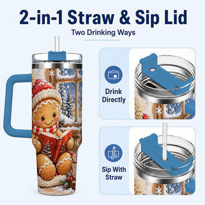 #pl[40oz|Blue] Reading Gingerbread 40oz Tumbler with Handle, Christmas Travel Cup, Books