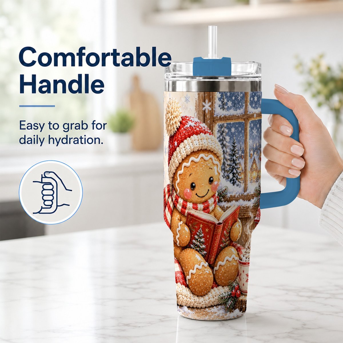 #pl[40oz|Blue] Reading Gingerbread 40oz Tumbler with Handle, Christmas Travel Cup, Books