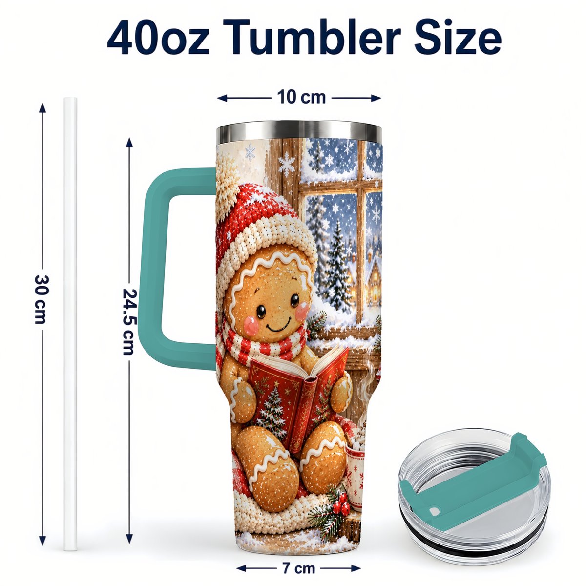 #pl[40oz|Green] Reading Gingerbread 40oz Tumbler with Handle, Christmas Travel Cup, Books