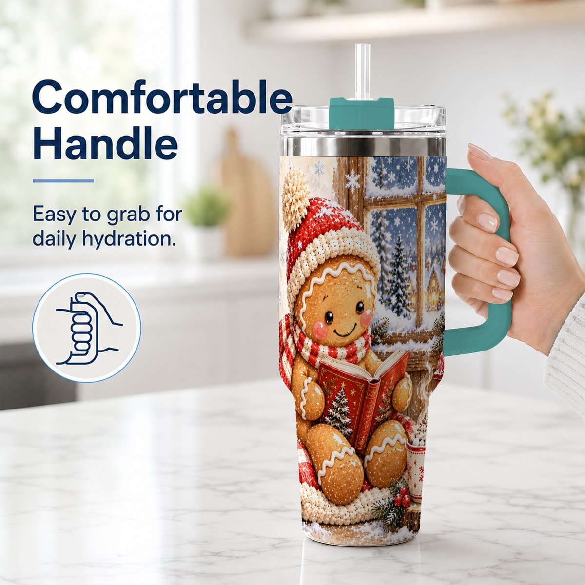 #pl[40oz|Green] Reading Gingerbread 40oz Tumbler with Handle, Christmas Travel Cup, Books