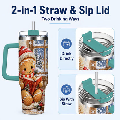 #pl[40oz|Green] Reading Gingerbread 40oz Tumbler with Handle, Christmas Travel Cup, Books