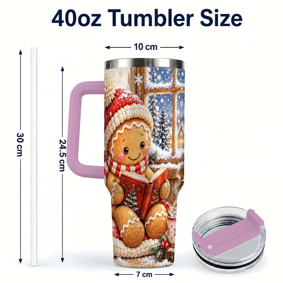 #pl[40oz|Pink] Reading Gingerbread 40oz Tumbler with Handle, Christmas Travel Cup, Books