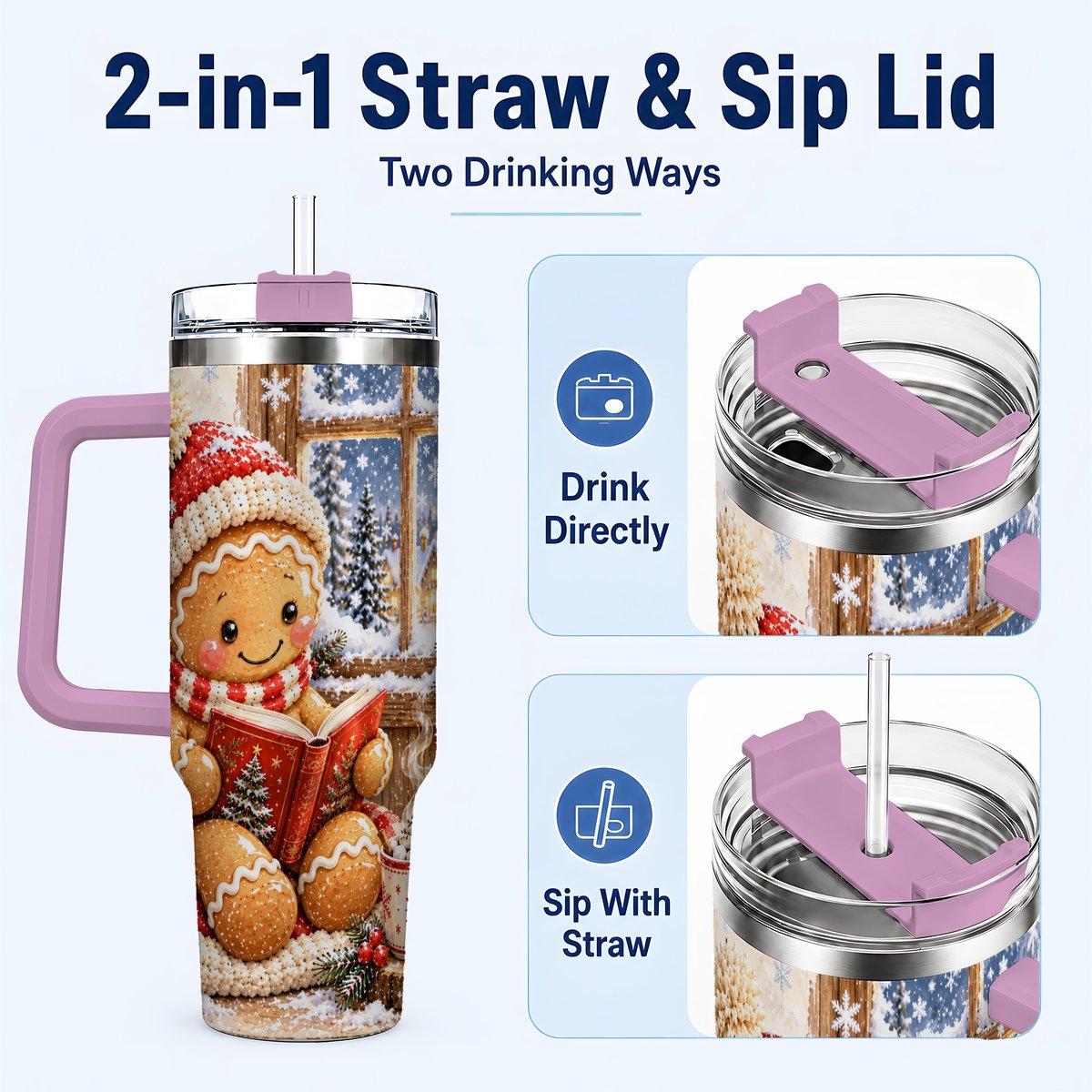 #pl[40oz|Pink] Reading Gingerbread 40oz Tumbler with Handle, Christmas Travel Cup, Books