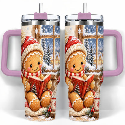 #pl[40oz|Pink] Reading Gingerbread 40oz Tumbler with Handle, Christmas Travel Cup, Books