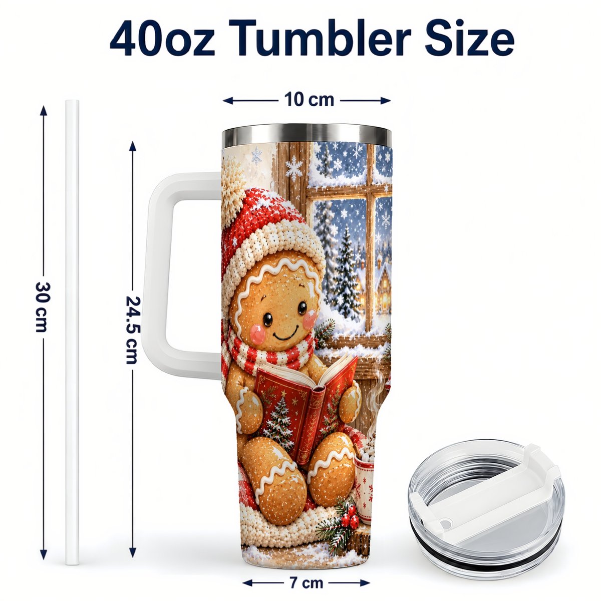 #pl[40oz|White] Reading Gingerbread 40oz Tumbler with Handle, Christmas Travel Cup, Books