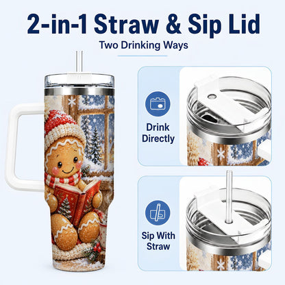 #pl[40oz|White] Reading Gingerbread 40oz Tumbler with Handle, Christmas Travel Cup, Books