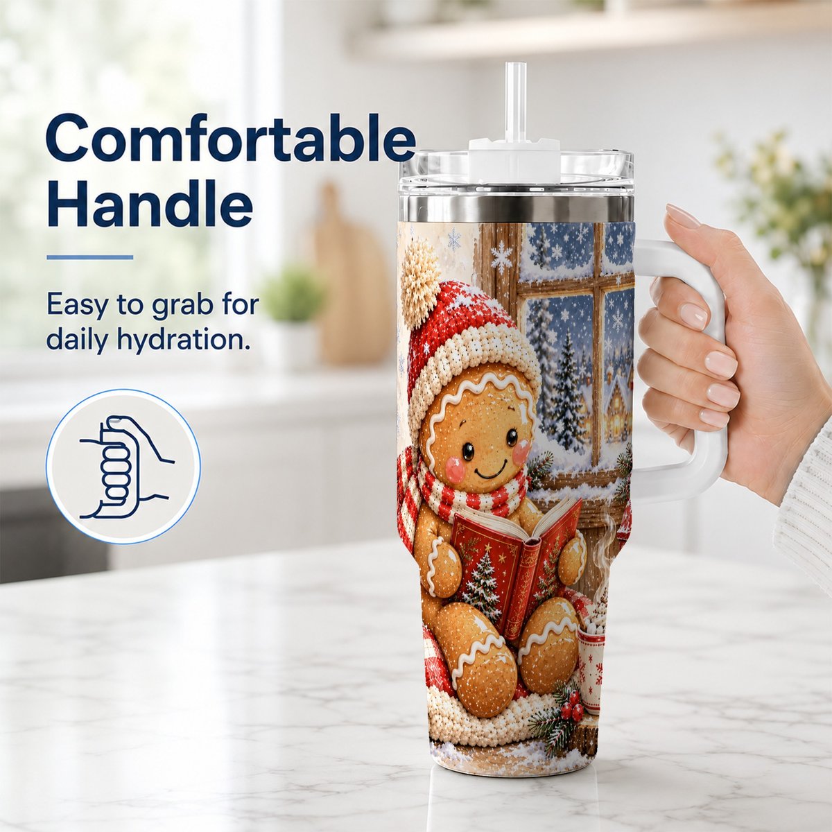 #pl[40oz|White] Reading Gingerbread 40oz Tumbler with Handle, Christmas Travel Cup, Books
