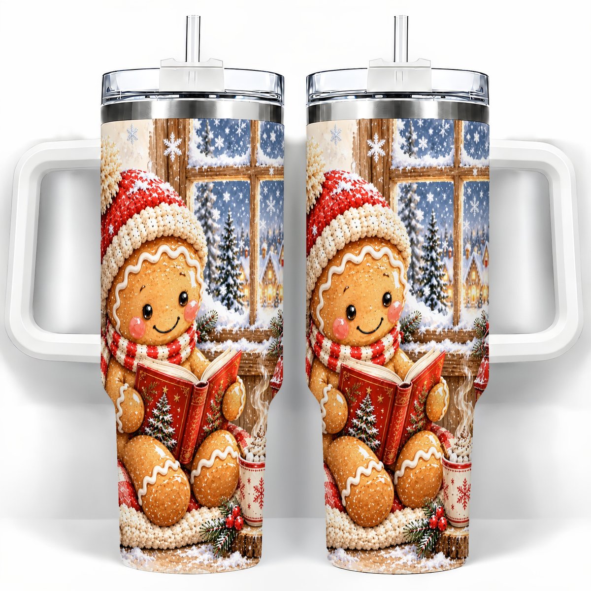 Reading Gingerbread 40oz Tumbler with Handle, Christmas Travel Cup, Books