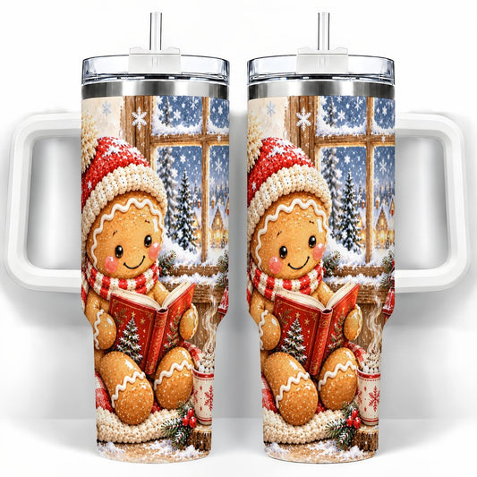 Reading Gingerbread 40oz Tumbler with Handle, Christmas Travel Cup, Books