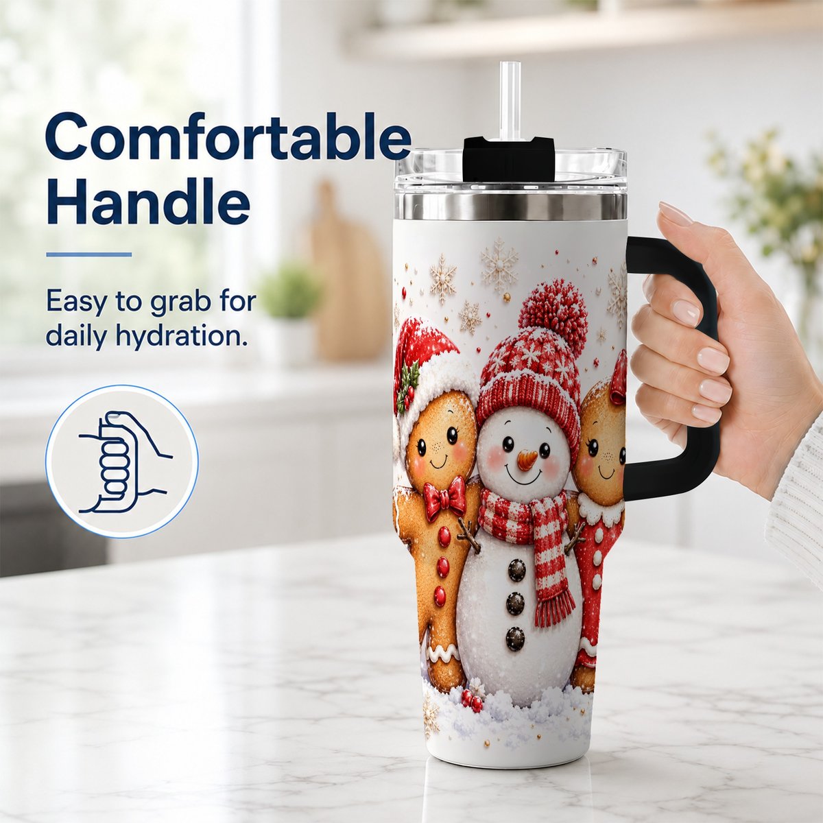 #pl[40oz|Black] Gingerbread Snowman 40oz Tumbler with Handle, Christmas Travel Cup, Trio