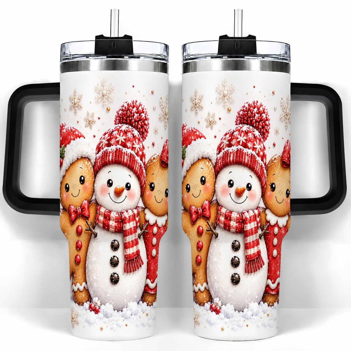 #pl[40oz|Black] Gingerbread Snowman 40oz Tumbler with Handle, Christmas Travel Cup, Trio