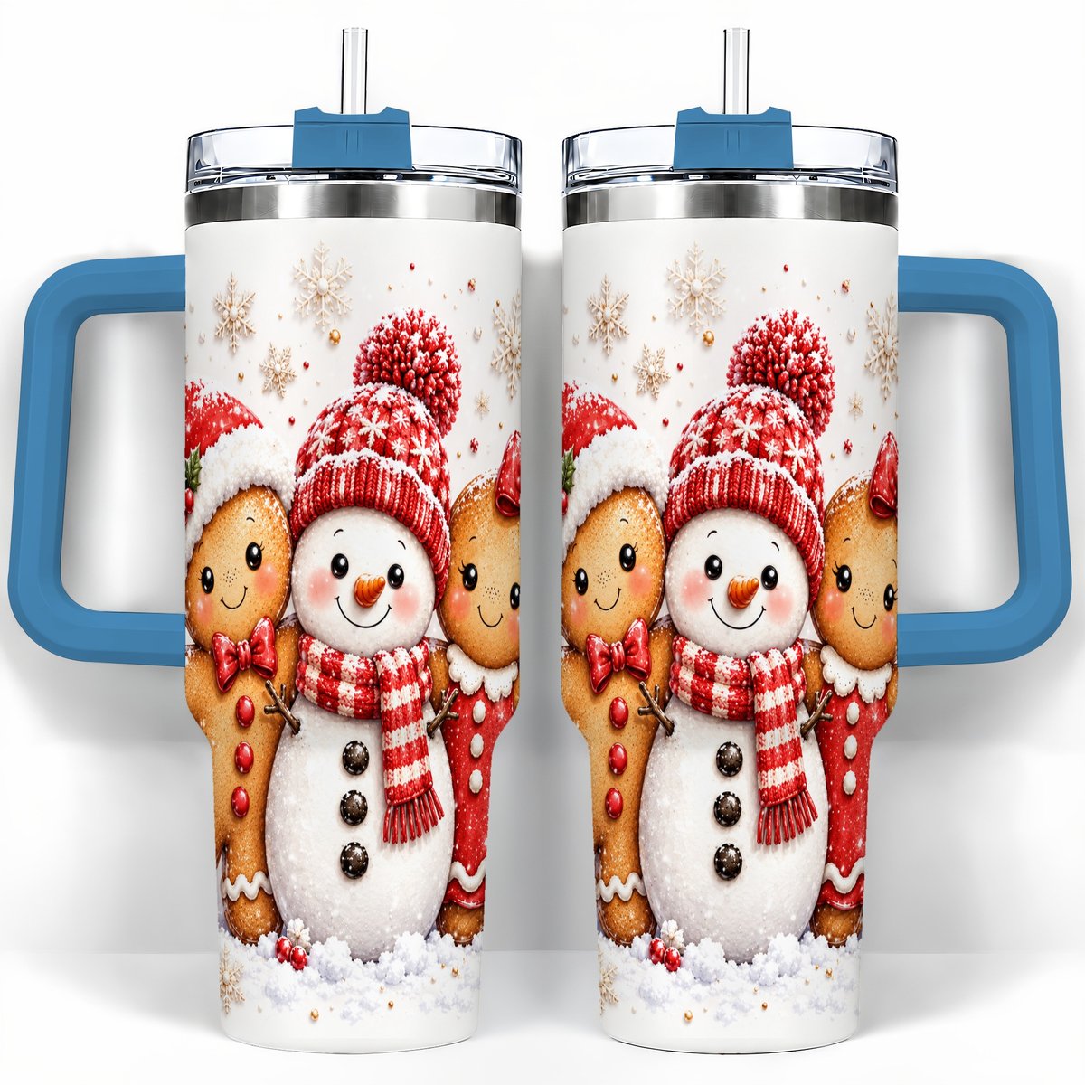 #pl[40oz|Blue] Gingerbread Snowman 40oz Tumbler with Handle, Christmas Travel Cup, Trio