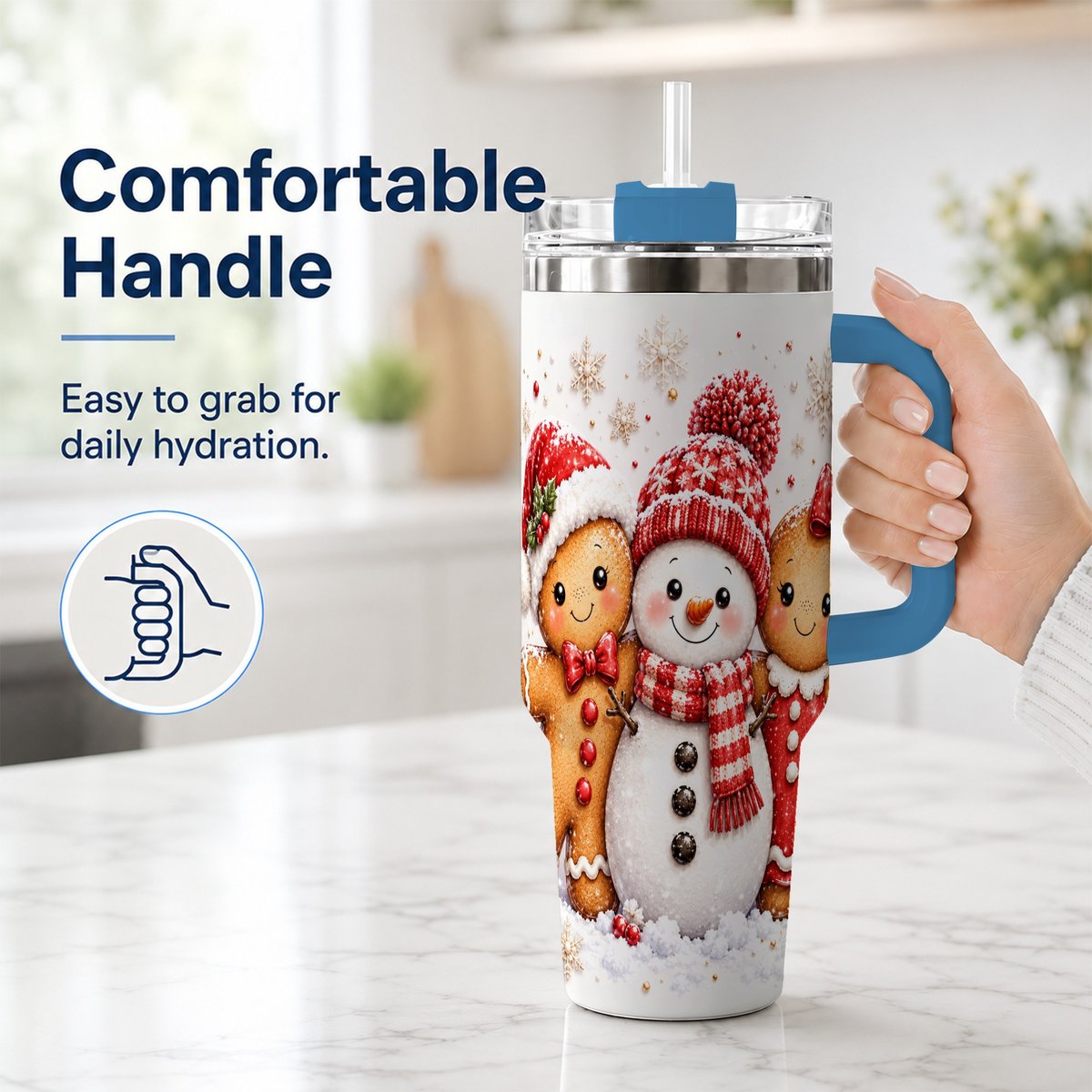 #pl[40oz|Blue] Gingerbread Snowman 40oz Tumbler with Handle, Christmas Travel Cup, Trio