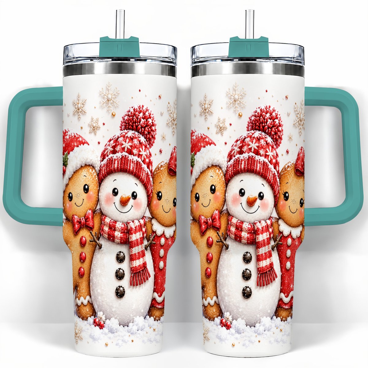 #pl[40oz|Green] Gingerbread Snowman 40oz Tumbler with Handle, Christmas Travel Cup, Trio