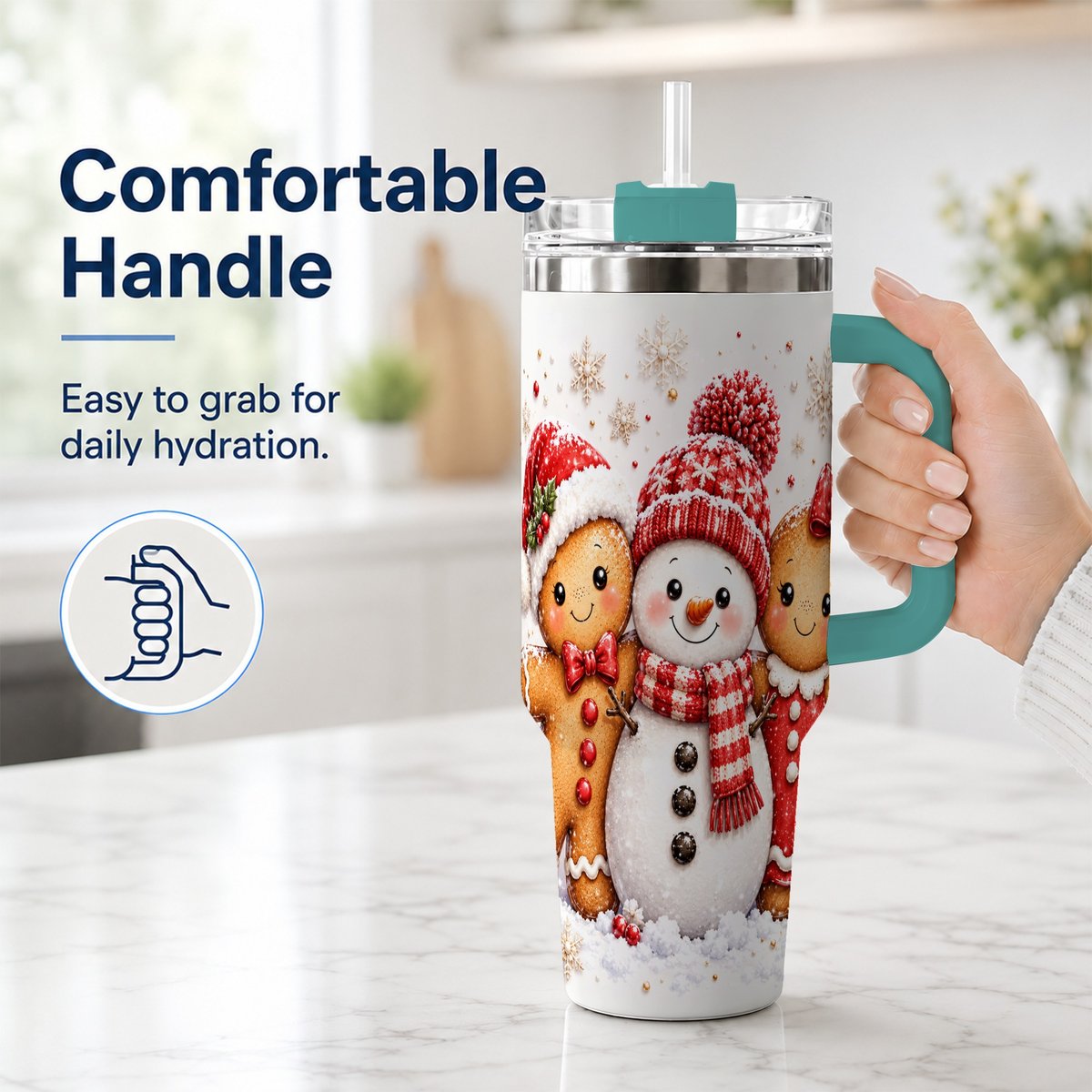 #pl[40oz|Green] Gingerbread Snowman 40oz Tumbler with Handle, Christmas Travel Cup, Trio