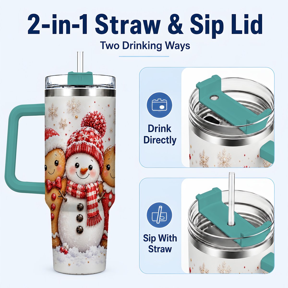 #pl[40oz|Green] Gingerbread Snowman 40oz Tumbler with Handle, Christmas Travel Cup, Trio