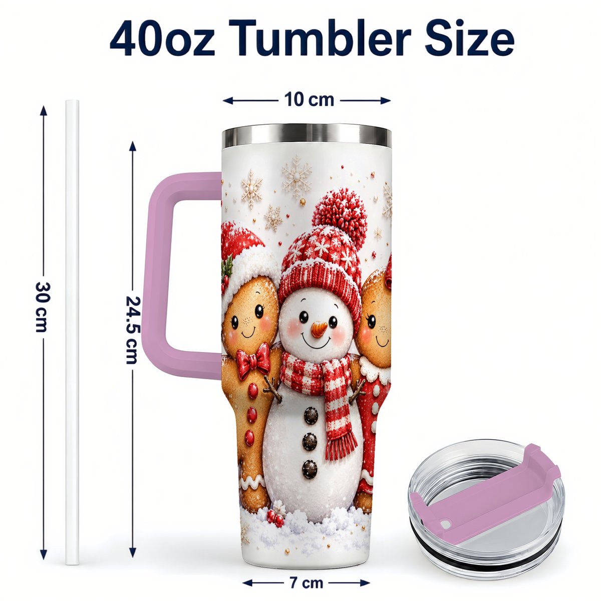 #pl[40oz|Pink] Gingerbread Snowman 40oz Tumbler with Handle, Christmas Travel Cup, Trio