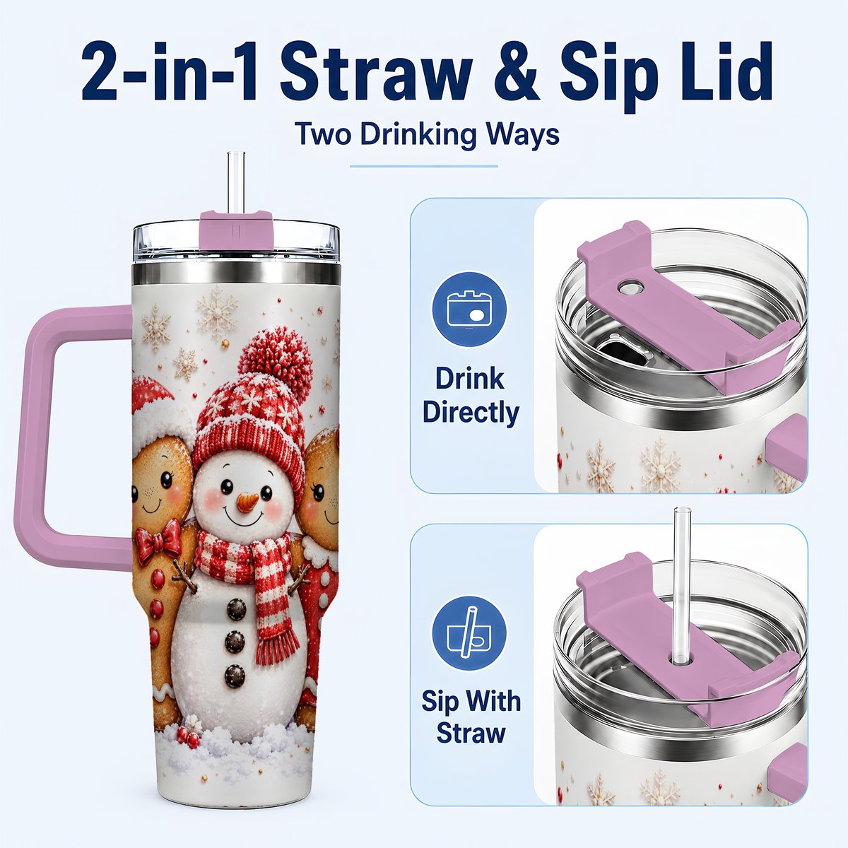 #pl[40oz|Pink] Gingerbread Snowman 40oz Tumbler with Handle, Christmas Travel Cup, Trio