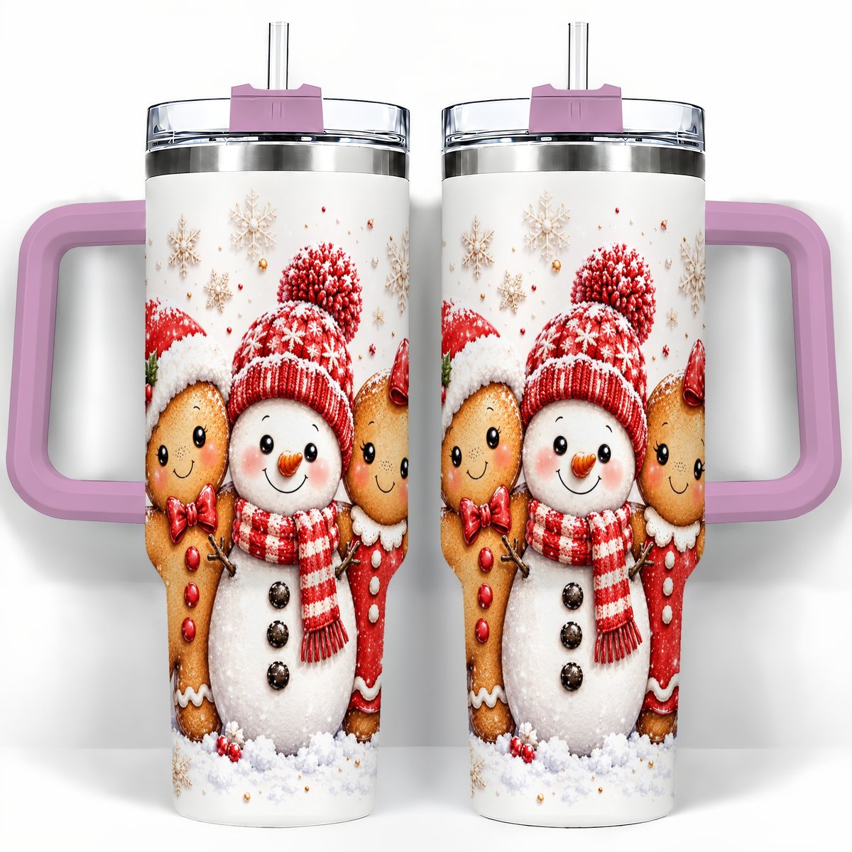 #pl[40oz|Pink] Gingerbread Snowman 40oz Tumbler with Handle, Christmas Travel Cup, Trio