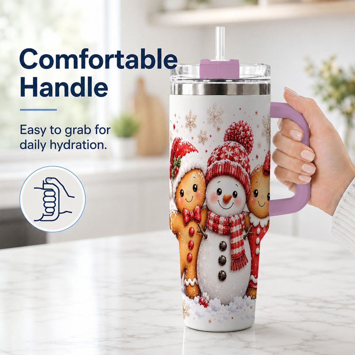 #pl[40oz|Pink] Gingerbread Snowman 40oz Tumbler with Handle, Christmas Travel Cup, Trio