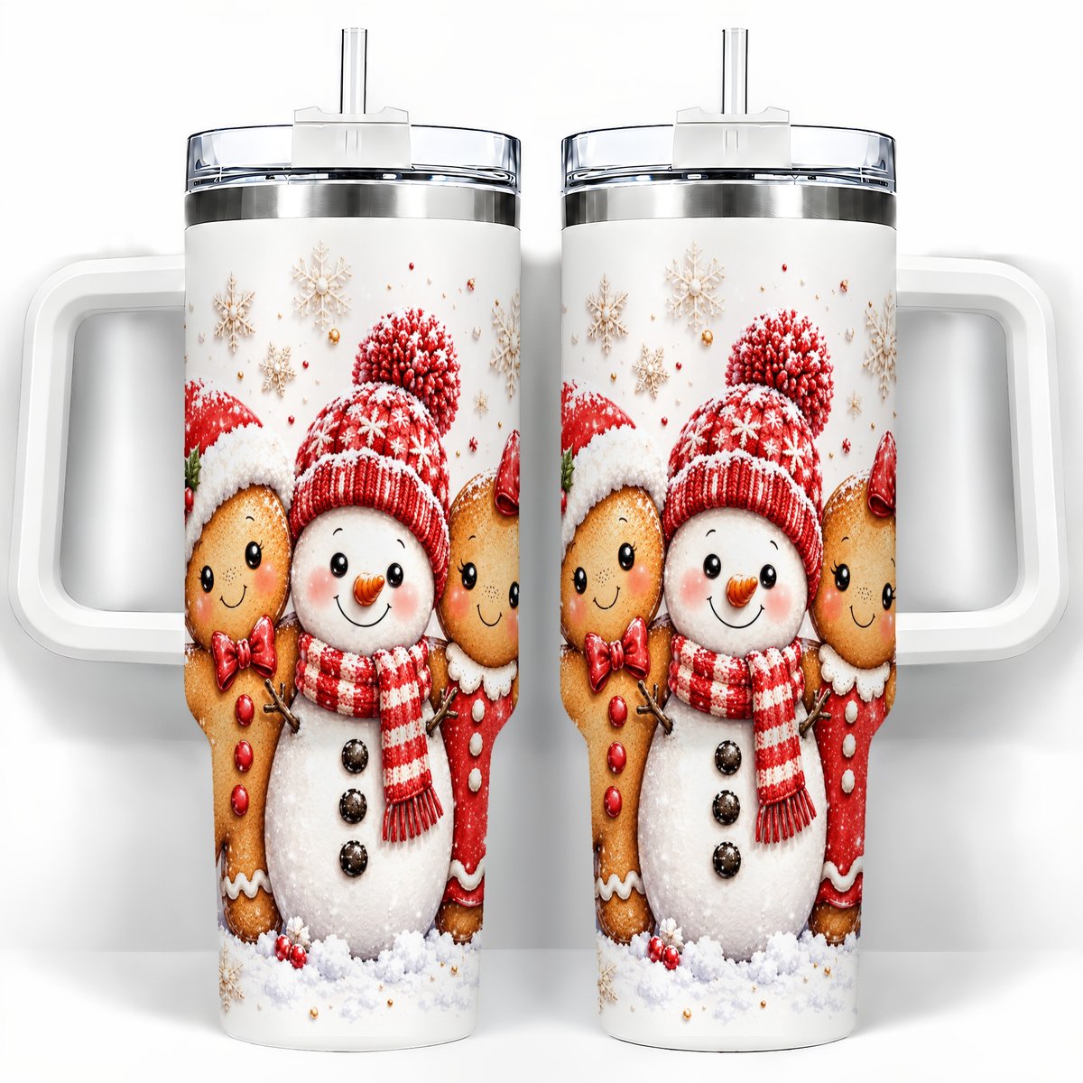 Gingerbread Snowman 40oz Tumbler with Handle, Christmas Travel Cup, Trio