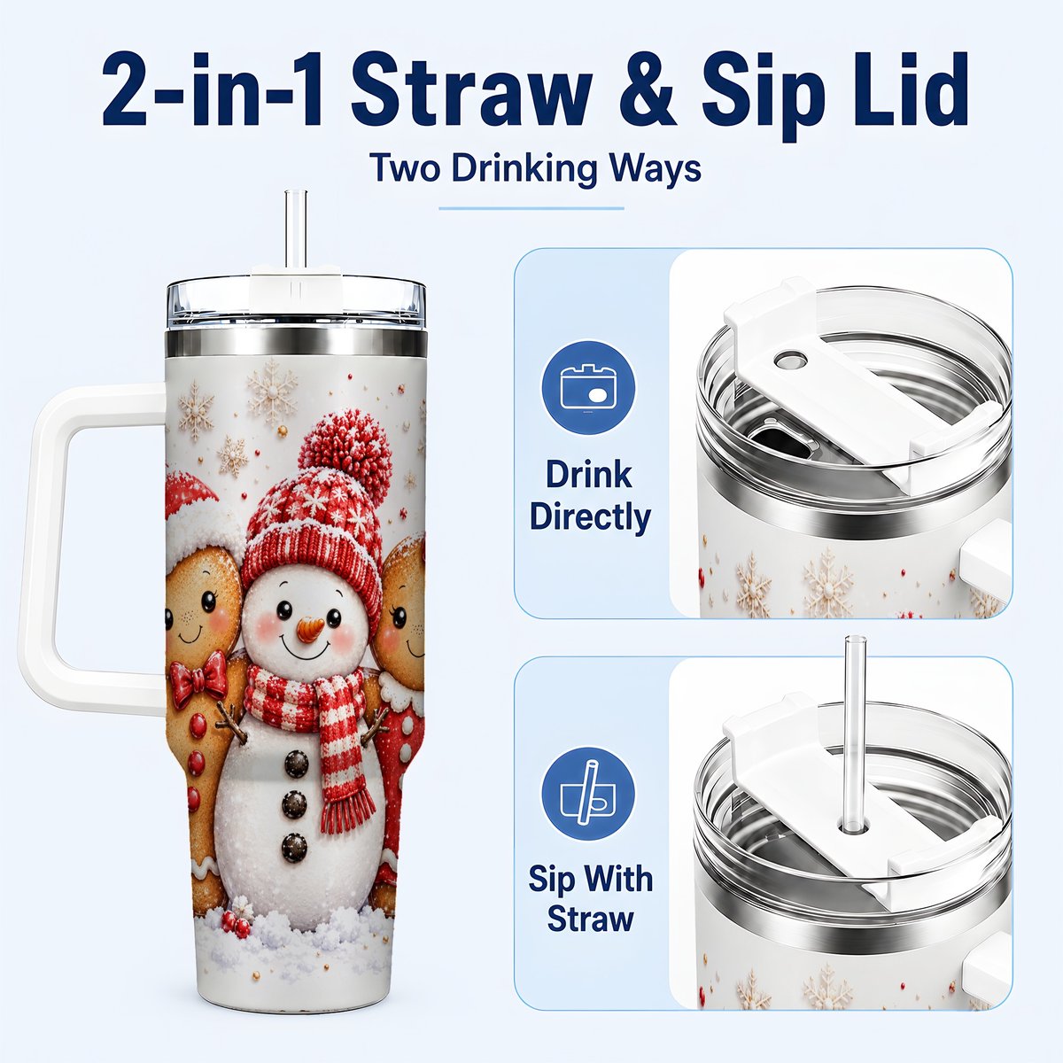 #pl[40oz|White] Gingerbread Snowman 40oz Tumbler with Handle, Christmas Travel Cup, Trio