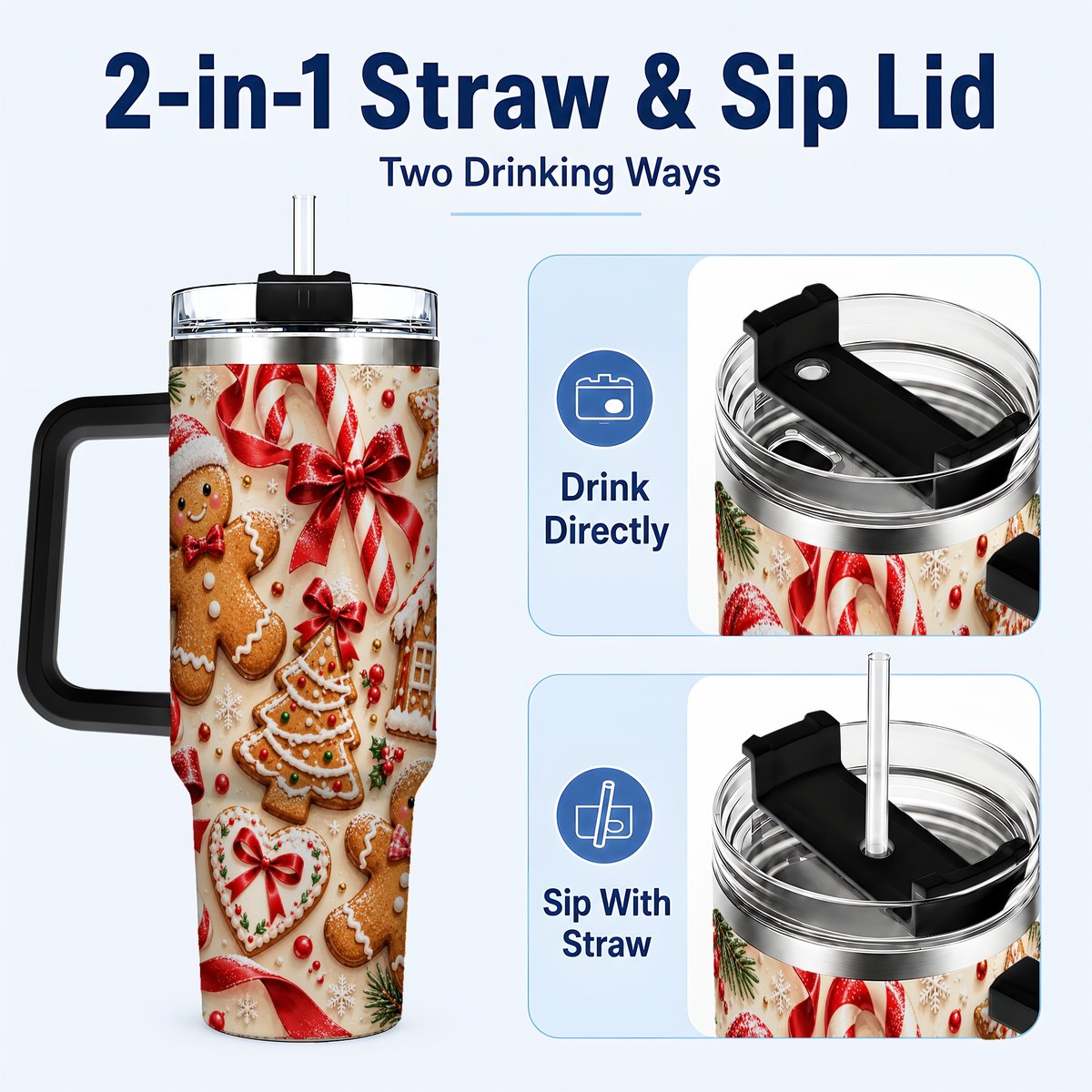#pl[40oz|Black] Gingerbread Cookies 40oz Tumbler with Handle, Christmas Travel Cup for Her