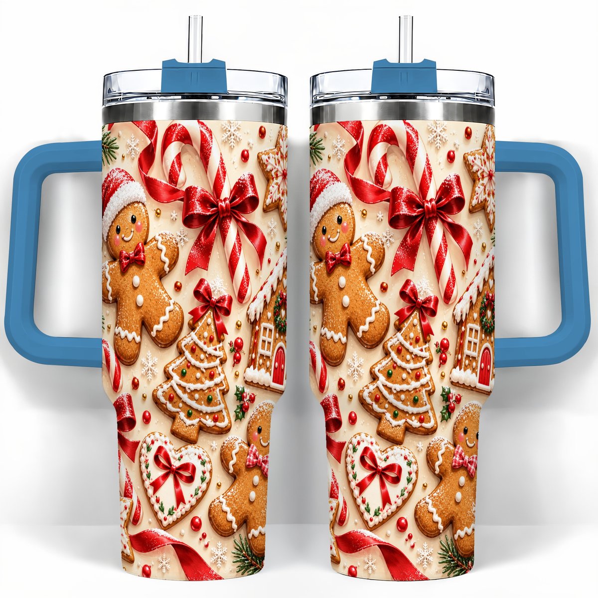#pl[40oz|Blue] Gingerbread Cookies 40oz Tumbler with Handle, Christmas Travel Cup for Her