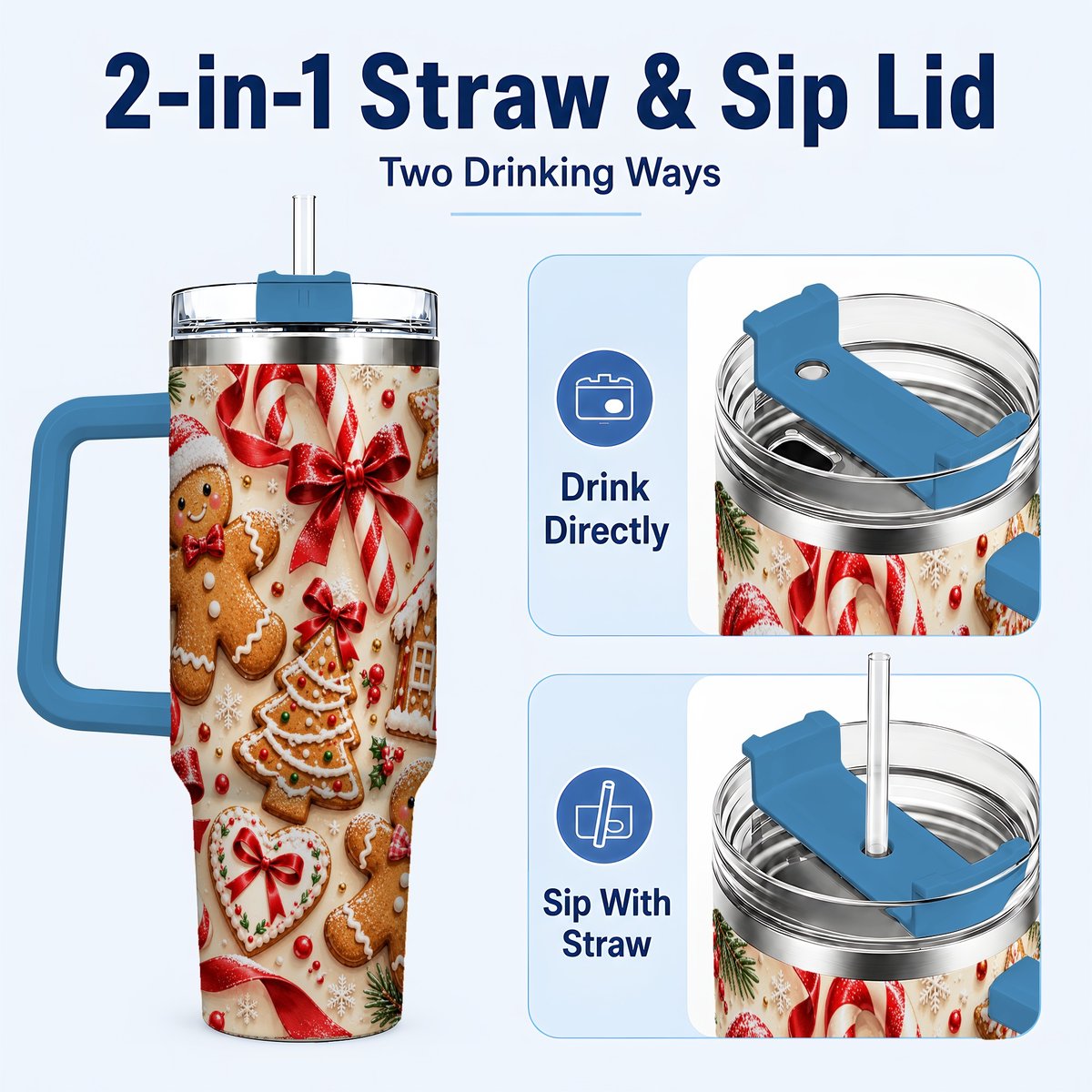 #pl[40oz|Blue] Gingerbread Cookies 40oz Tumbler with Handle, Christmas Travel Cup for Her
