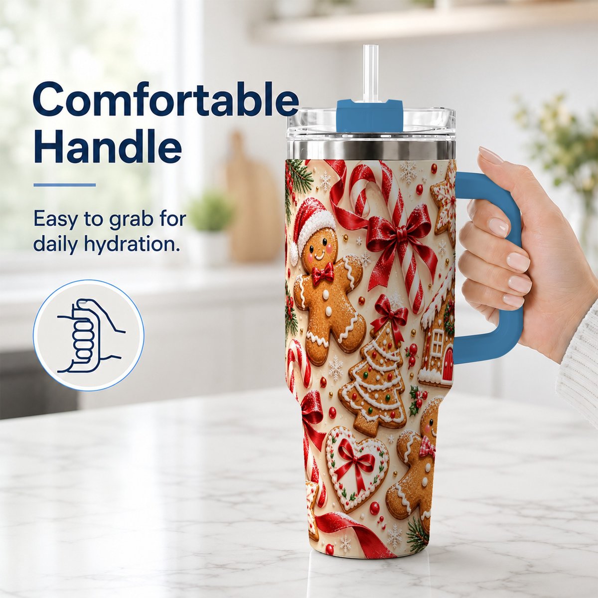 #pl[40oz|Blue] Gingerbread Cookies 40oz Tumbler with Handle, Christmas Travel Cup for Her