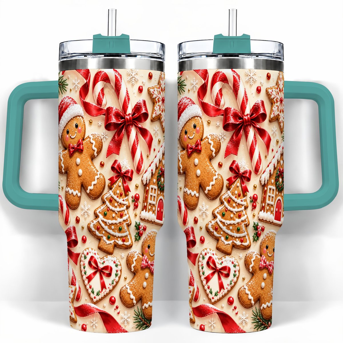 #pl[40oz|Green] Gingerbread Cookies 40oz Tumbler with Handle, Christmas Travel Cup for Her
