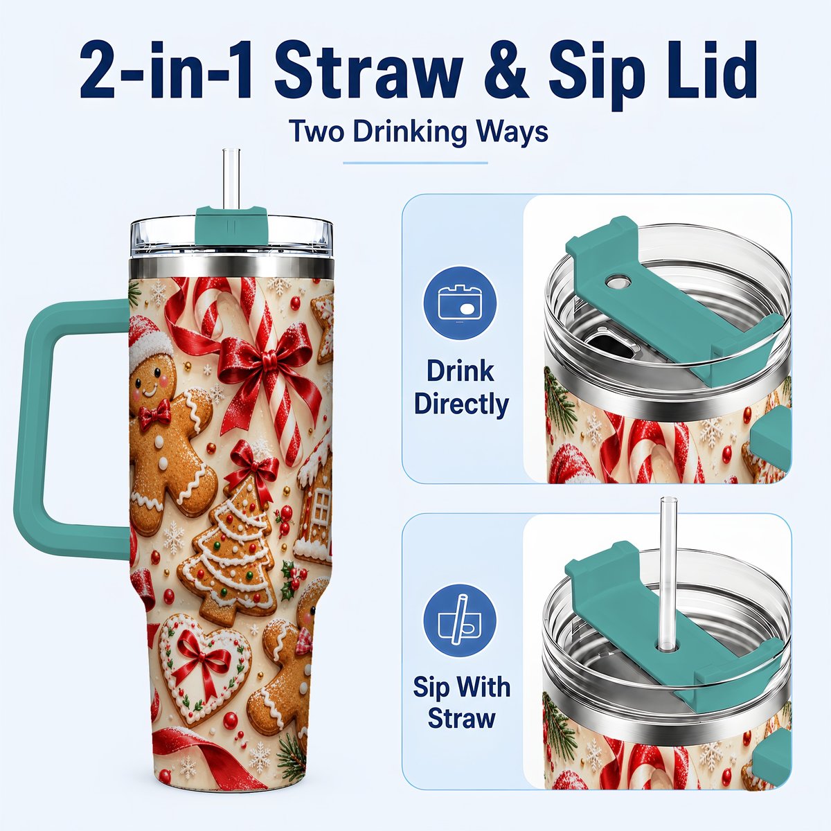 #pl[40oz|Green] Gingerbread Cookies 40oz Tumbler with Handle, Christmas Travel Cup for Her