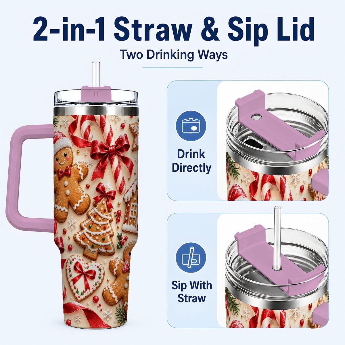 #pl[40oz|Pink] Gingerbread Cookies 40oz Tumbler with Handle, Christmas Travel Cup for Her