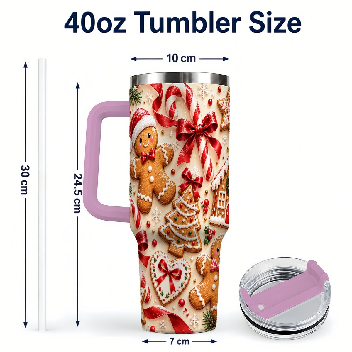 #pl[40oz|Pink] Gingerbread Cookies 40oz Tumbler with Handle, Christmas Travel Cup for Her