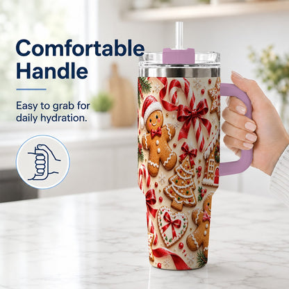#pl[40oz|Pink] Gingerbread Cookies 40oz Tumbler with Handle, Christmas Travel Cup for Her