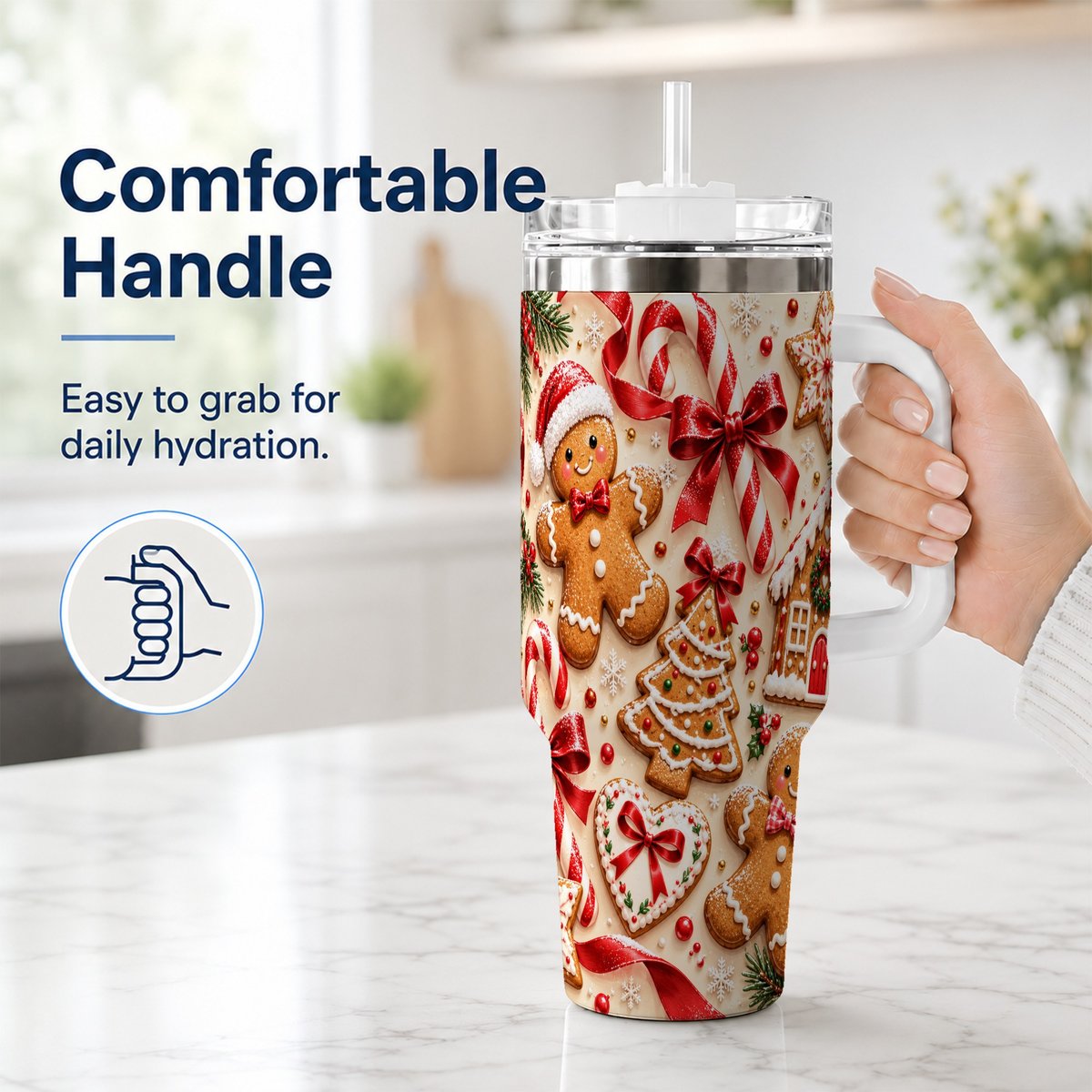 #pl[40oz|White] Gingerbread Cookies 40oz Tumbler with Handle, Christmas Travel Cup for Her