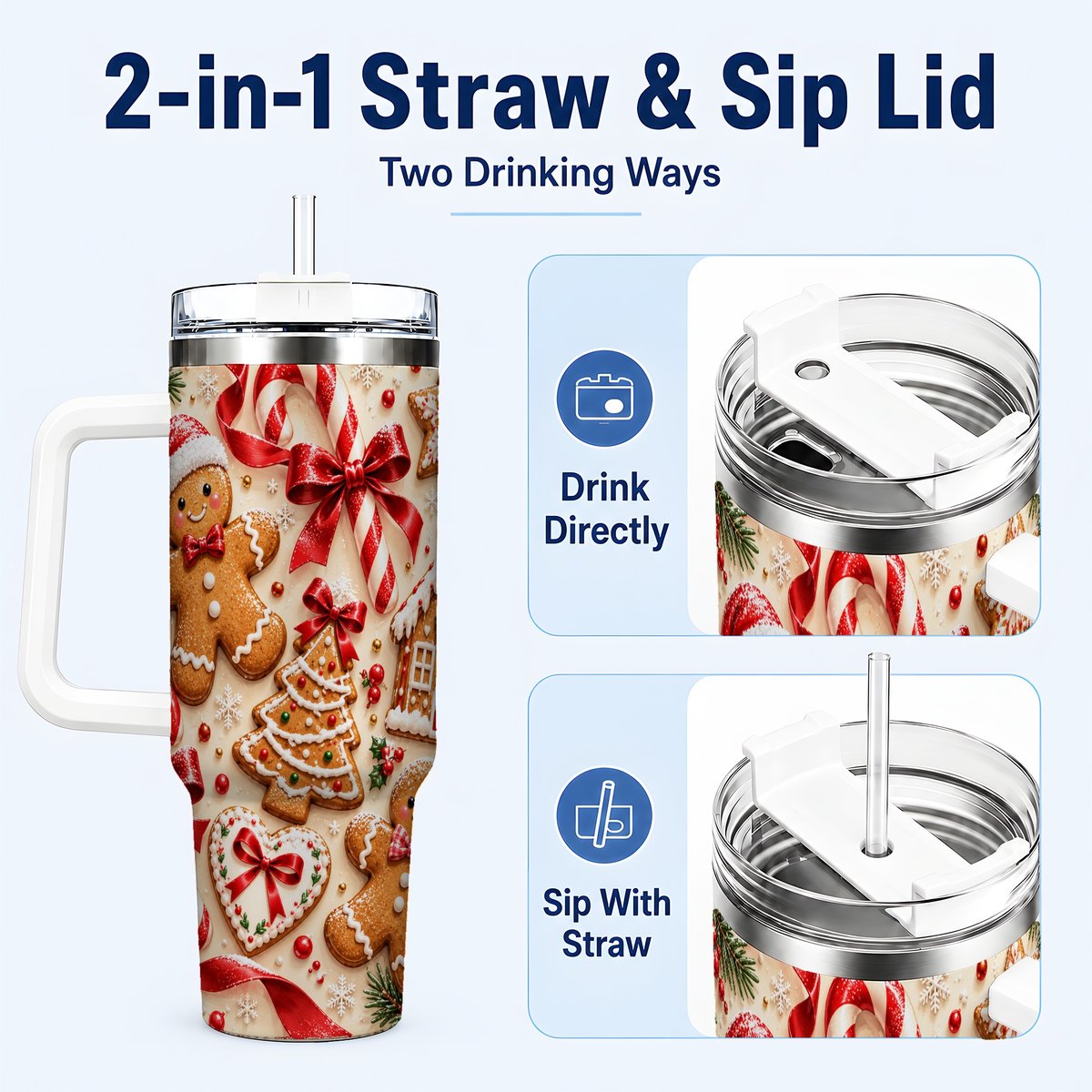 #pl[40oz|White] Gingerbread Cookies 40oz Tumbler with Handle, Christmas Travel Cup for Her