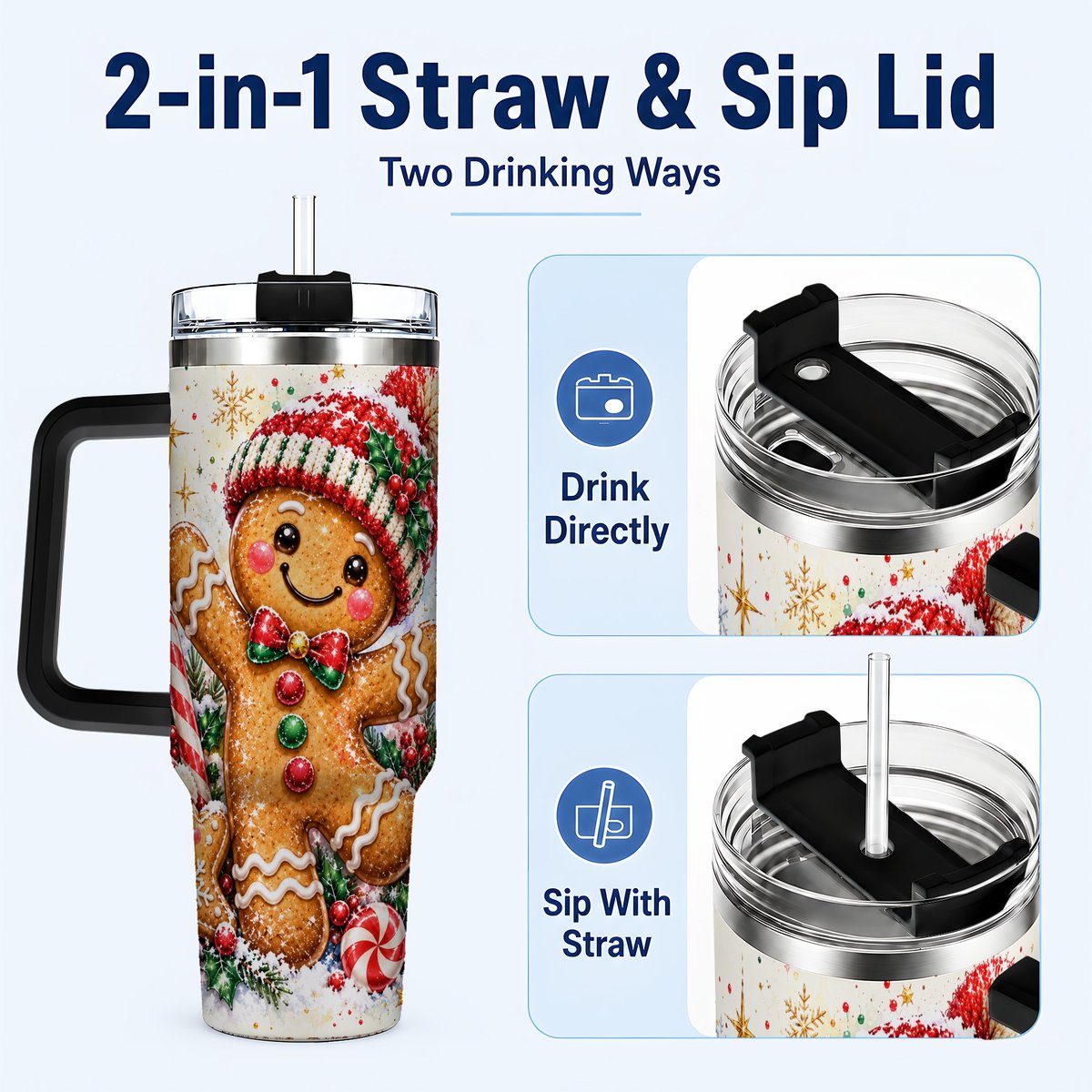 #pl[40oz|Black] Gingerbread Man 40oz Tumbler with Handle, Christmas Travel Cup for Her