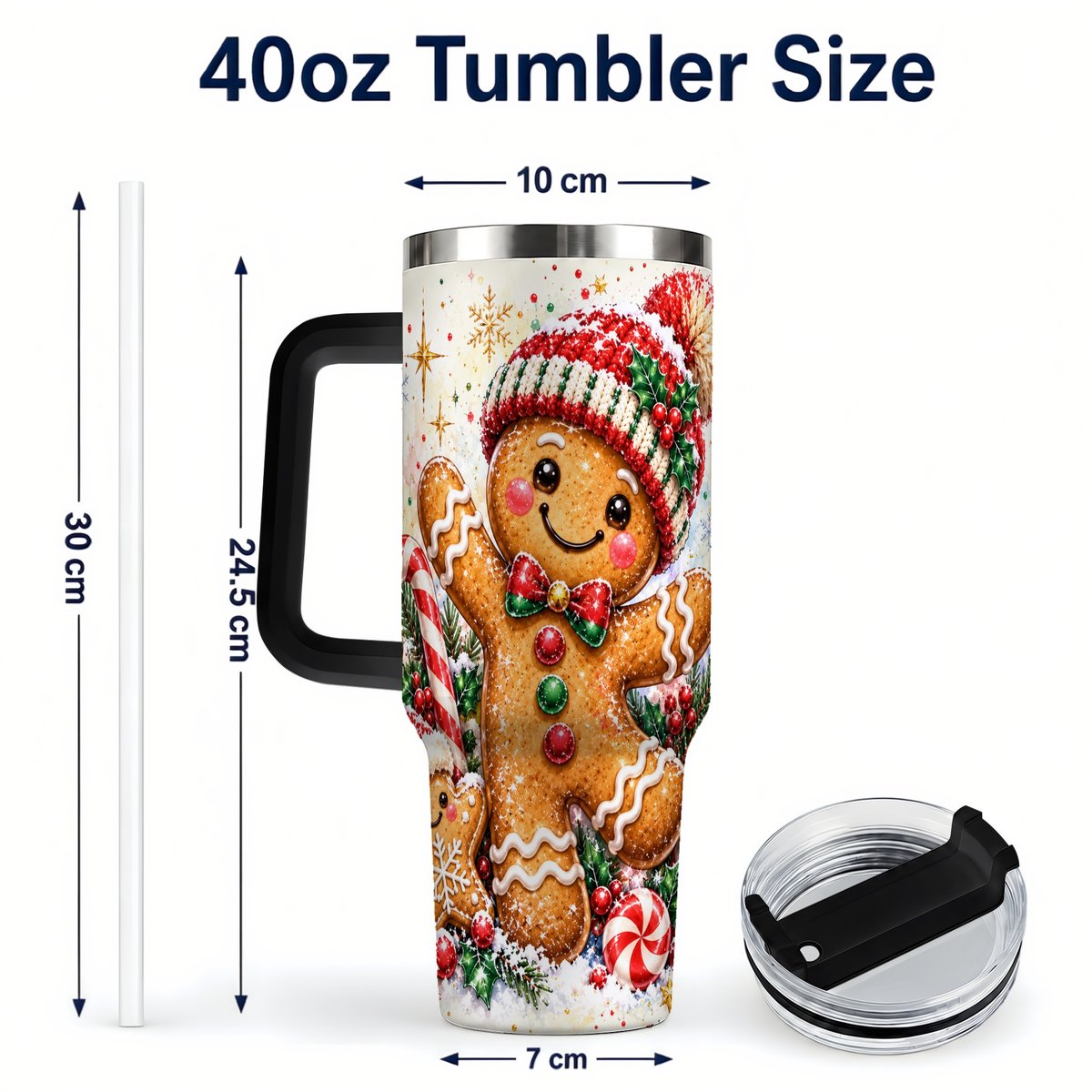 #pl[40oz|Black] Gingerbread Man 40oz Tumbler with Handle, Christmas Travel Cup for Her