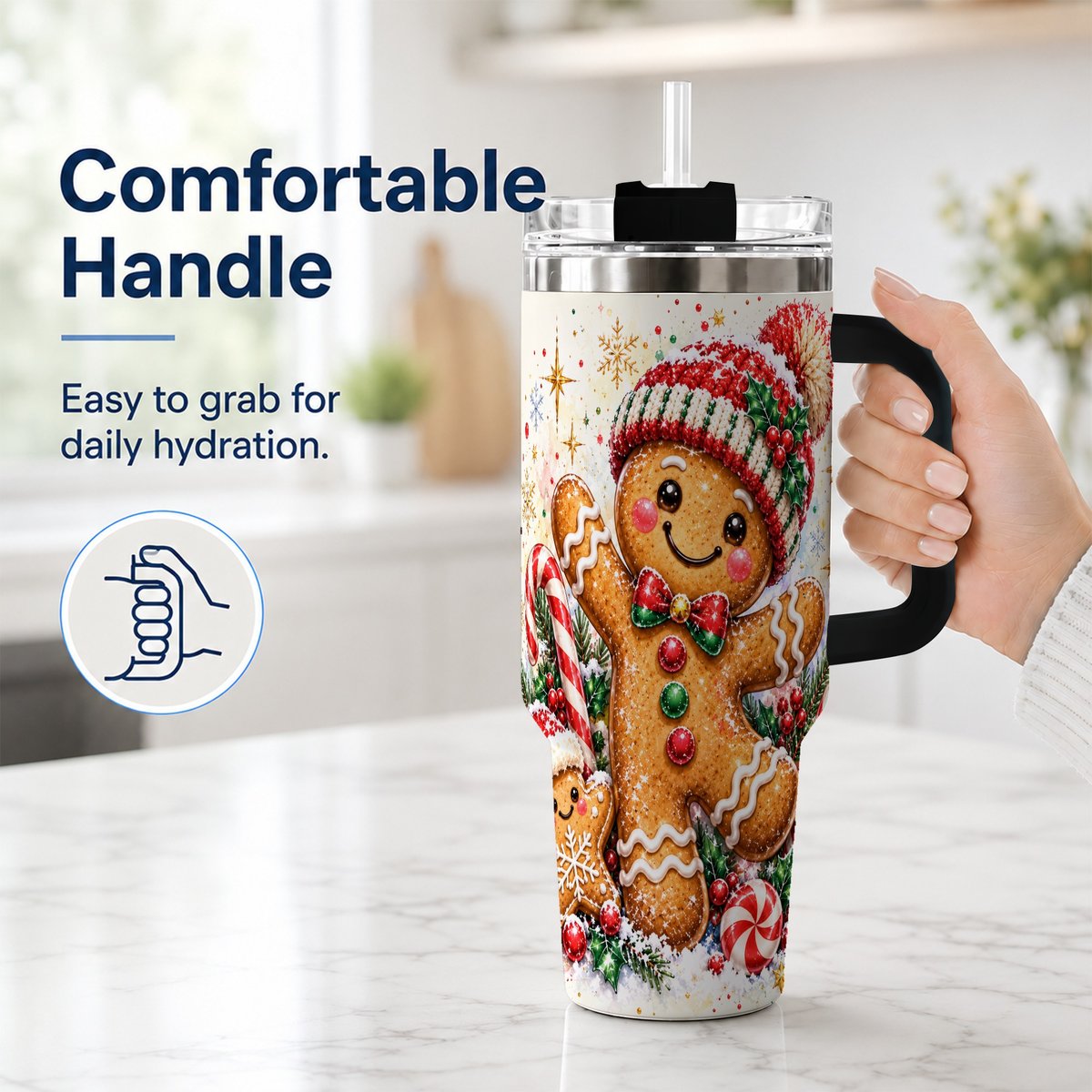 #pl[40oz|Black] Gingerbread Man 40oz Tumbler with Handle, Christmas Travel Cup for Her