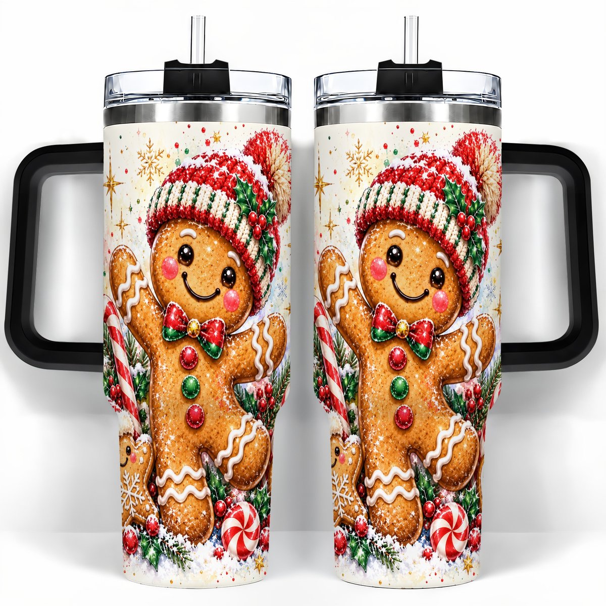 #pl[40oz|Black] Gingerbread Man 40oz Tumbler with Handle, Christmas Travel Cup for Her