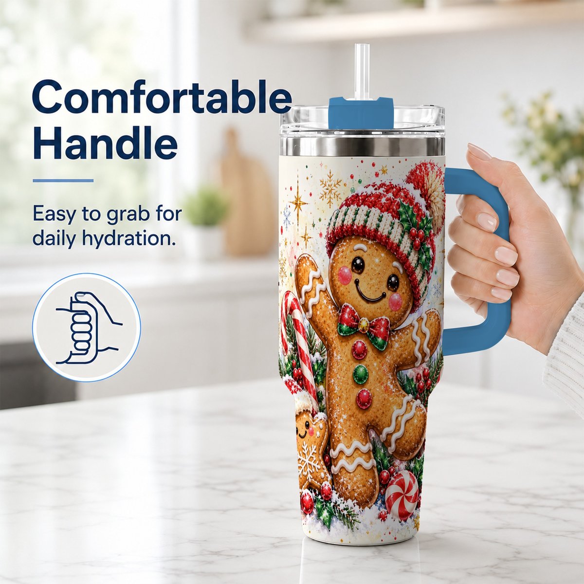 #pl[40oz|Blue] Gingerbread Man 40oz Tumbler with Handle, Christmas Travel Cup for Her