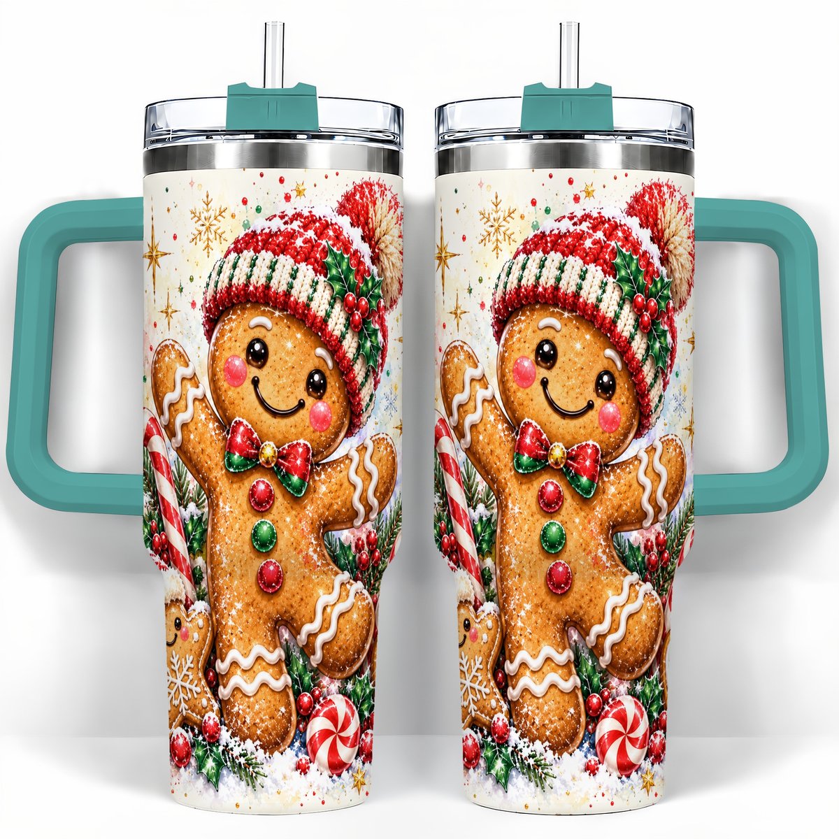 #pl[40oz|Green] Gingerbread Man 40oz Tumbler with Handle, Christmas Travel Cup for Her