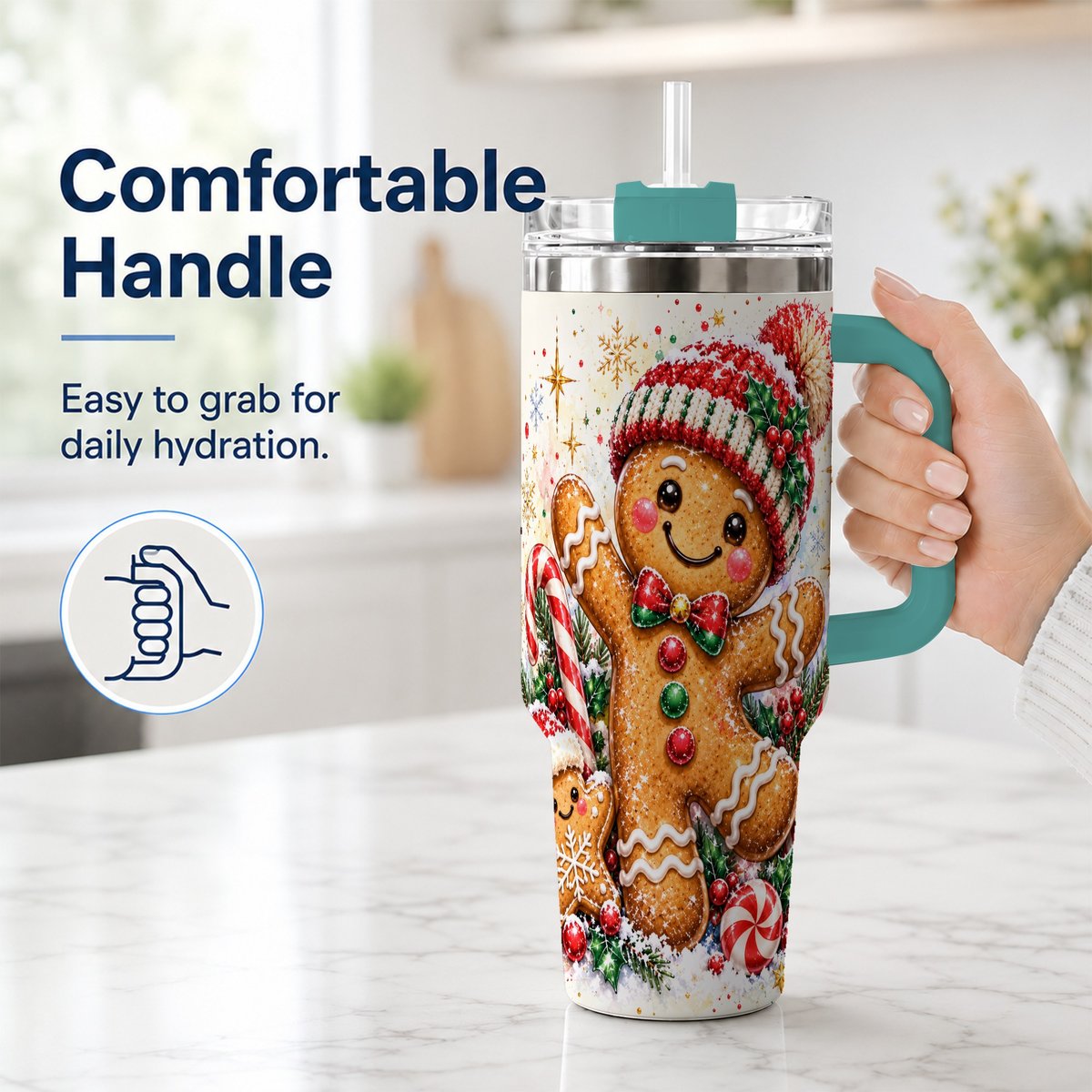 #pl[40oz|Green] Gingerbread Man 40oz Tumbler with Handle, Christmas Travel Cup for Her